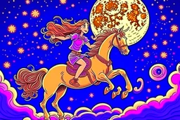 a long, brown-haired girl rides a horse dynamically across the night sky, leaping over a pile of different cookies. Shining moon, in starshine