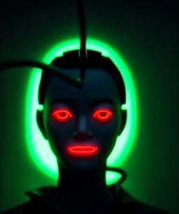 Ultra realistic photographic night portrait, cinematic, <Asian woman> many wires coming out of the head <perfect pupil> <cyborg arm> <garage> <wide angle Shot> <retro futuristic> <thriller>, neon lights, color fog, soft color, highly detailed, unreal engine 5, ray tracing, RTX, lumen lighting, ultra detail, volumetric lighting, high definition.