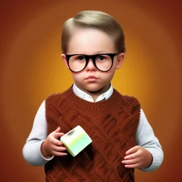 Peter billingsley chubby kid Tortoise-shell glasses, Holding a "dark red bar of soap" in his hand, brown argyle sweater, cheeks