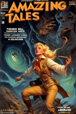 Cover of "AMAZING TALES" Magazine, adventure, sci-fi, Eldritch, sharp colors, by Bill Elder, by Peter Mohrbacher, by Boris valejo and Julie Bell, maximalist, dramatic, action, retro 50's magazine cover.