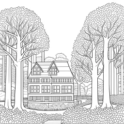 GARDEN HOUSE, ""Majestic Trees: Explore the towering trees in the heart of the garden, full view, realistic, coloring page, only draw lines, coloring book, clean line art, wildlife-inspired, kid style, –no sketch, color, –ar 3:4, white background, minimalistic black lines, 8k, minimal black color, low level black colors, coloring page, use pure black and white colors, avoid thick black colors, thin black line art, avoid colors, perfect shape, perfect clear lines, clear edges,