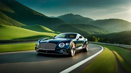 A (((Bentley Super hypercar Body))) with its sleek,, featuring a bold, menacing grille and powerful lines, evoking a harmonious balance between sophistication and muscle, against a backdrop of verdant hills at noon, ideal for a dynamic desktop wallpaper