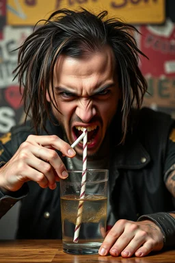 A very angry and bitter punk rocker tries to drink through a paper straw and gets angry