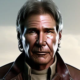 portrait of harrison ford as captain han solo, brown eyes, with realistic and light and rough facial skin, cinematic lighting, photorealistic, volumetric light and shadow, hyper HD, octane render, unreal engine, insanely detailed and intricate, hyper-realistic, space background, watercolour on white paper