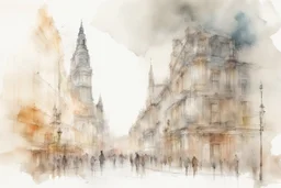 Nottingham City sketch, watercolor, white background, vibrancy of watercolor wash, highly detailed, with sharp focus and smooth transitions. Carne Griffiths, golden ratio, masterpiece, trend on CGSociety and Artstation, bottomless, impressive, something that does not even exist, textures,