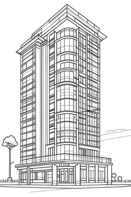 A 5 STAR AMAZING MODERN HOTEL, flat vector, full view, only draw lines, clean line art, –no sketch, color, –ar 3:4, white background, minimalistic black lines, minimal black color, low level black colors, coloring page, avoid thick black colors, thin black line art, avoid colors, perfect shape, perfect clear lines,