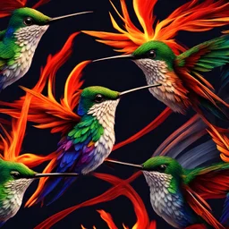 humming bird, with flame effect, colorful, dengan detail bulu yang tinggi, ultra HD