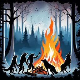 a large bonfire with its flames rising high in a clearing, around the bonfire siluette of many anthropomorphic wolf humanoids of different ages, sizes and colors are crying, dancing, singing or just watching the flames. around them in the background dark trees with huge trunks, rainy day, high contrast, high detail, atmospheric, dark fantasy, sci-fi atmosphere, cinematic