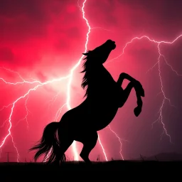 full silhouette of a horse rearing up(outlined by lighting), plus red sky with lightning and electricity traveling through background