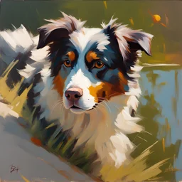 oil painting, Australian shepherd dog, style of naive art, style of realism, add sun, hight quality, by Henry Asencio, by Bo Bartlett