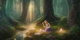 detailed beautiful lady meditating at night with candles in an enchanted forest, fotorealistic, high quality, landscape, 17, chalice well