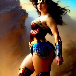 Drawing of beautiful face,'beautiful booty,Busty WonderWoman',intense stare, ancient skintight armor, balanciaga fashion clothe painting by gaston bussiere, greg rutkowski, yoji shinkawa, yoshitaka amano, tsutomu nihei, donato giancola, tim hildebrandt, Oil on canvas, cinematic composition, extreme detail,fit full head inside picture,16k