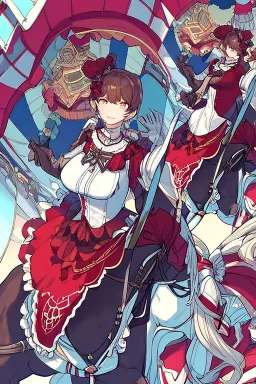 Ragazza vestita in stile Lolita rosso che cavalca un cavallo del Carosello, visione dinamica leggermente dall'alto, disegnata in stile Persona 3