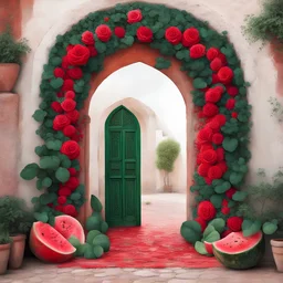 Imagine painting art, classic red, black, white and green roses, surrounding a morocco door with an old arch, with a piece of watermelon, vibrant digital graphics art, wall art Abolition and the Liberation | WALL PRINT ART |