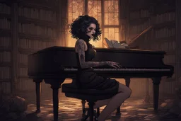 scarred cyberpunk vampire girl with tribal tattoos short curly cyberpunk hair playing a grand piano in the library of a decaying gothic mansion in candlelight at midnight