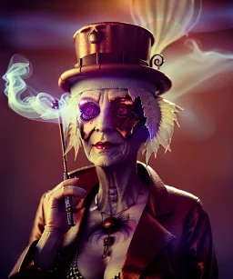 Surreal, steampunk , , cabaret scene. Russian old woman. Sweat, Birds, Feather, smoking, happy, hot, color fog, people background, highly detailed, concept art, unreal engine 5, god rays, ray tracing, RTX, lumen lighting, ultra detail, volumetric lighting, 3d, finely drawn, high definition, high resolution.