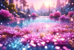beautiful ambience glitter fantasy galactic pure harmony, soft pink, soft blue, smile, galactic, magic, transcendent, divine, warm look, fantastic magical flowers background, ultra sharp focus, ultra high definition, 8k, unreal engine5background, colored lake, ultra sharp focus, ultra high