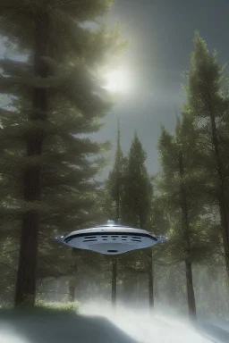 A photorealistic render of a ufo flying over school near pine trees as kids run up to it in wonder