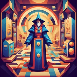 Holy Mage Indulf in cubism retro arcade art style