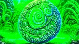 Fantasy digital illustration: magical green swirly stone gem with Hawaiian carvings.