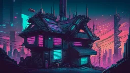 small german Cabin, In cyberpunk city-skyline, comic style