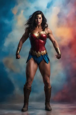 wonder woman extremely huge, overexaggerated muscles, posing and flexing in a front of the camera, random extreme action poses, an extremely colorful, multicolored foggy blue marble wall in the background with a colorful marble tile floor, multicolored lightning, realism engine,