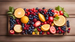 Set of summer fruits and berries in wooden serving.