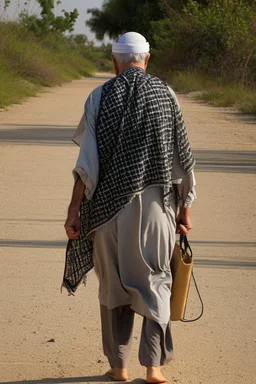 An old man wearing an Arabic keffiyeh, his back bent, walking barefoot, holding his cane upside down, looking back and holding his shoe in his hand.