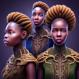 photo.three Brown skin women. Three dark skin women. Three black women. .three women. A mother. Two daughter. Twins. A mother with her children. three young black women. wood nymphs emerging from the forest. Her hair looks like vines. Dreadlocs. Her skin is the colour of dark soil. Her skin looks like tree bark. Her clothing is made of vines, grass and leaves. Elegant. Extremely detailed. Award winning photography. Fantasy. 8k. Cinematic lighting. Photorealistic. Dynamic lighting. Imperial color