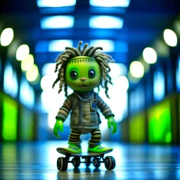 cute happy hairy chineese futuristic dread punk chat robot with skateboard photo shoot in big train hall, 8k, down-light, soft light, depth of field, photo realism, trending on art station, high detail, smoke and fog