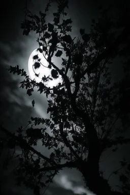 Night, tree leaves, moon, clouds, creepy gothic movies influence, photography