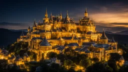 142857, delightful, sensitive, fantastic, confident, undulating sinusoidal castle with hyperbolic golden roofs, delicate, night, darkness, architecture, award-winning photograph, beautiful composition, dreamlike, filled with beautiful detail, delicate colour, chiaroscuro