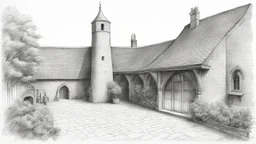 outline pencil sketch of a paved courtyard with a tudorhouse, tall crooked chimney, and roof