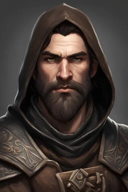 character portrait young male dwarven cleric dark brown hair black hood