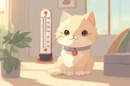 cute fluffy chibi beige cat with a giant thermometer in a modern room in sunshine