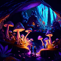 landscape ultra realistic, beautiful, dwarfs in hippie clothes, trippy shiny mushroom city in dark colors, cave