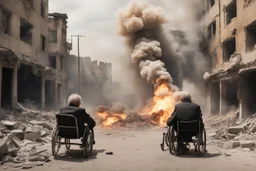 bloody elders in wheelchairs trying to escape from falling bombs in a ruined city in Palestina, smoke and fire and explosions