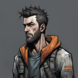 man,, looking serious, comic book, post-apocalypse, grey background