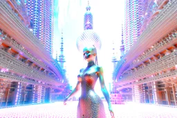 very complex CIFY structure ,pretty viberating color environment 3d metalic and crystal recursive evolving and animating beveled geometric base very complex CIFY structure emiting bubbles that broke, goddess of love in a pretty cleric dress comes out dancing gracefully , viberating color moving very in modern city escap environment while camera tracking it.write in down screen 3d animating"Made in Grok By:J.Babakan"