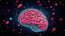 Comic style, bare pink human brain flying trough the universe, background galaxy's