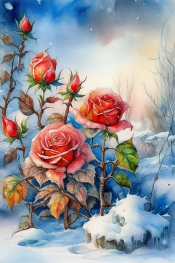 magic Winter landscape, blooming roses in the snow. Jean-Baptiste Monge style, watercolor, ink. Picturesque and colorful. Bright colors of the ring exquisitely luxury chic aesthetics photo harmony professional photo 64K pixel graphics high detail bright lighting