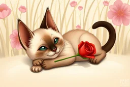 realistic illustration funny goofy, whimsical, caricature of a sleek siamese kitten with brown ears, laying down on its belly, back legs crossed, a paw stretched out in front, holding a red rose in his mouth, flowery background with long pale grass background. Textured painterly fantasy artistic Cartoon