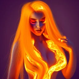 woman made of fire, fire angel, fire clothes, full body portrait, long flowing yellow hair, highly detailed, real life photo, photo quality, extremely detailed, highly detailed, 8K, crisp quality