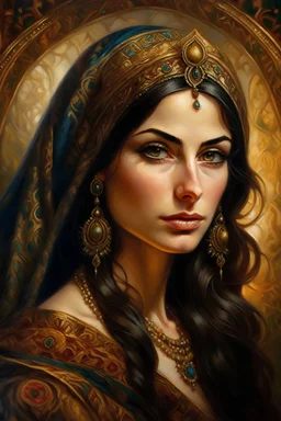 A stunningly radiant Persian woman, her face exudes timeless beauty and grace. Captured in a mesmerizing oil painting, every brushstroke delicately portrays her luminous complexion, enchanting brown eyes, and cascading raven-black hair. The artist's attention to detail brings out the intricate patterns of her traditional attire, adorned with vibrant colors and ornate gold embroidery. This exquisite portrait is a testament to the meticulous craftsmanship and expert artistry, transporting viewers