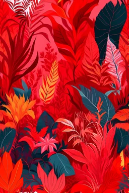 A captivating collection of tropical leaves and foliage plants, all in a vibrant red hue, set against a spacious background