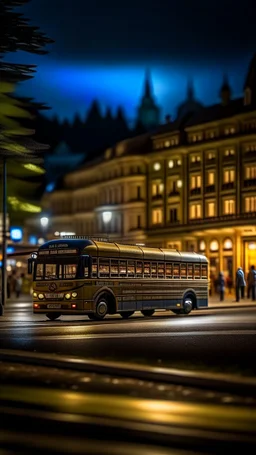 lexbussen til charlottenberg når den kjører forbi svensk by på månen, shot on Hasselblad h6d-400c, zeiss prime lens, bokeh like f/0.8, tilt-shift lens 8k, high detail, smooth render, down-light, unreal engine, prize winning