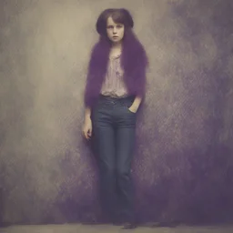 Hippie girl, jeans, purple fur, striped wallpaper, old autochrome