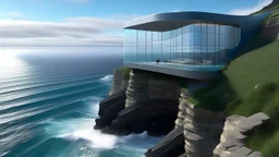 A house on a cliff above the sea, with a curved glass design that mimics the shape of a wave and a terrace on the edge of the cliff that stretches over the water