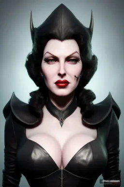 Lana Turner as evil queen in black leather, leather, busty, cleavage, angry, stern look. character design by cory loftis, fenghua zhong, ryohei hase, ismail inceoglu and ruan jia. unreal engine 5, artistic lighting, highly detailed, photorealistic, fantasy