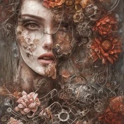 an abstract painting of rusted metal and flowers, portrait, rust, scaffolding, iron cladding, decay, mixed media, textured, anatomically correct, beautiful perfect face, sharp focus, highly detailed